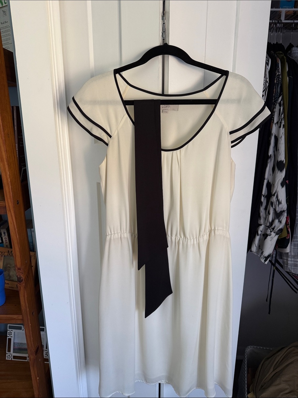LOFT Ivory Mini Dress with Black Trim and Scarf Neck Tie